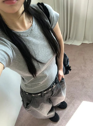 Basic Round Neck Cap Sleeve Short Sleeve T-shirt