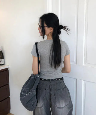 Basic Round Neck Cap Sleeve Short Sleeve T-shirt