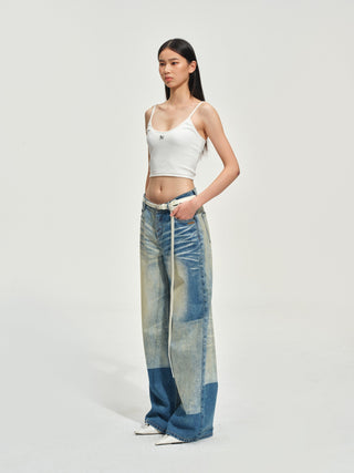 Color-Blocked Equestrian Wide-Leg Jeans