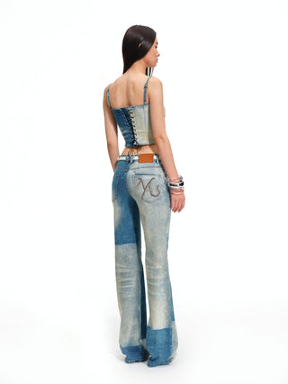 Equestrian Color-Block Denim Corset