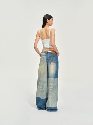 Color-Blocked Equestrian Wide-Leg Jeans