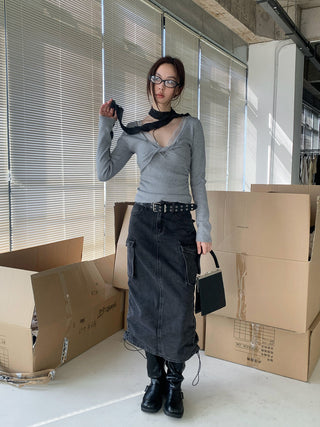 Retro Washed Denim Lace-Up A-Line Skirt