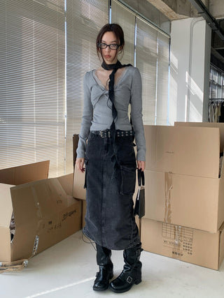 Retro Washed Denim Lace-Up A-Line Skirt
