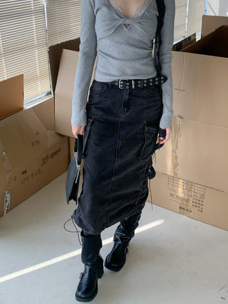 Retro Washed Denim Lace-Up A-Line Skirt