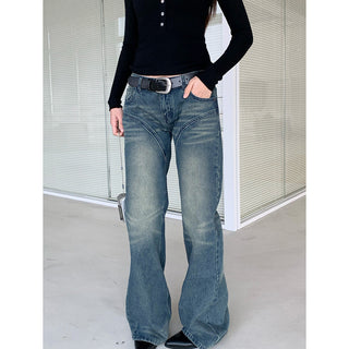 Low Waist Washed Beard Retro Jeans
