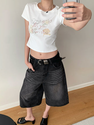 Retro Washed Cropped Wide Leg Jeans