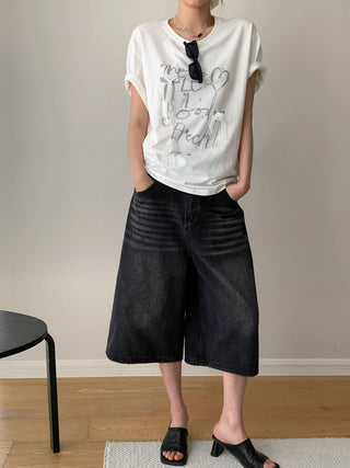 Retro Washed Cropped Wide Leg Jeans