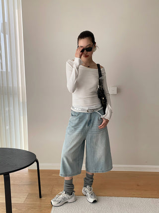 Retro Washed Cropped Wide Leg Jeans