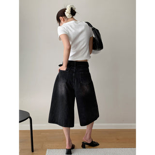 Retro Washed Cropped Wide Leg Jeans