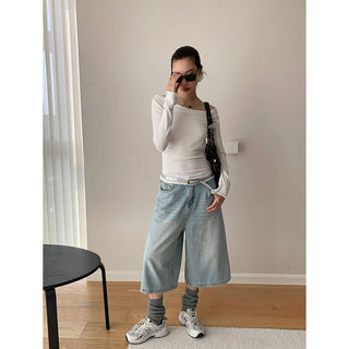 Retro Washed Cropped Wide Leg Jeans