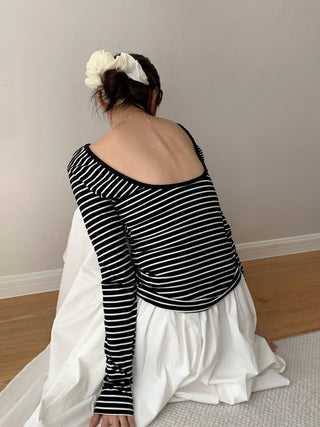 Black White Stripes Fitted Long Sleeve Top