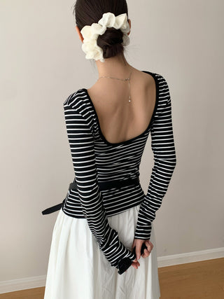 Black White Stripes Fitted Long Sleeve Top