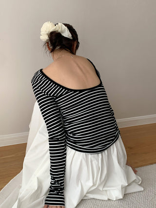 Black White Stripes Fitted Long Sleeve Top