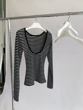 Black White Stripes Fitted Long Sleeve Top