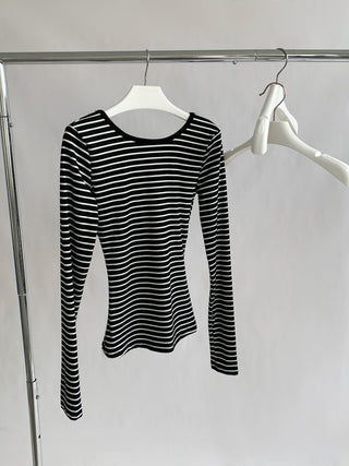 Black White Stripes Fitted Long Sleeve Top