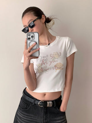 Cute Printed Round Neck Short Sleeve Top