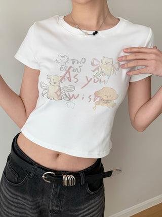 Cute Printed Round Neck Short Sleeve Top