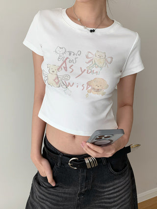 Cute Printed Round Neck Short Sleeve Top