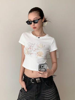 Cute Printed Round Neck Short Sleeve Top