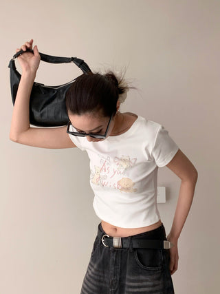 Cute Printed Round Neck Short Sleeve Top
