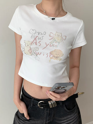 Cute Printed Round Neck Short Sleeve Top