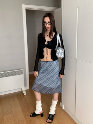 check bow lace skirt