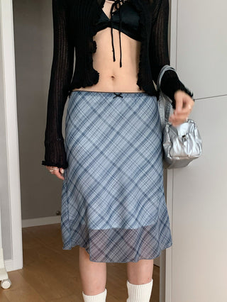 check bow lace skirt