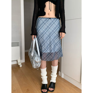 check bow lace skirt
