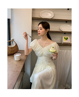 French V-neck pleated dress