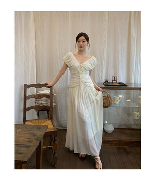 French V-neck pleated dress