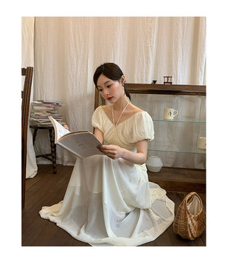 French V-neck pleated dress