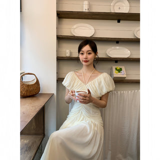 French V-neck pleated dress