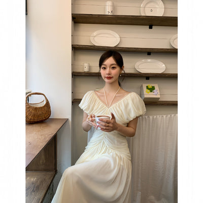 French V-neck pleated dress