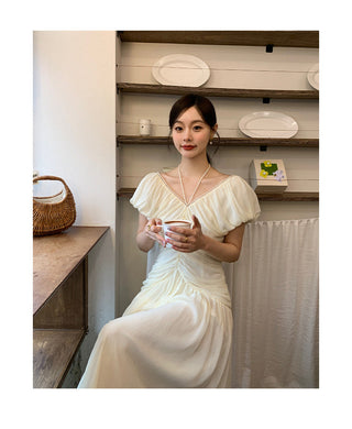 French V-neck pleated dress