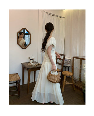 French V-neck pleated dress