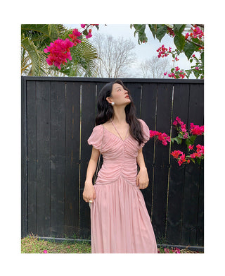 French V-neck pleated dress