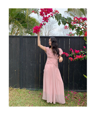 French V-neck pleated dress