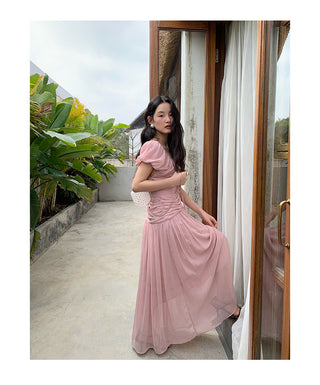 French V-neck pleated dress
