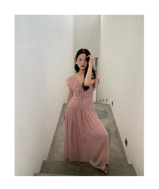 French V-neck pleated dress