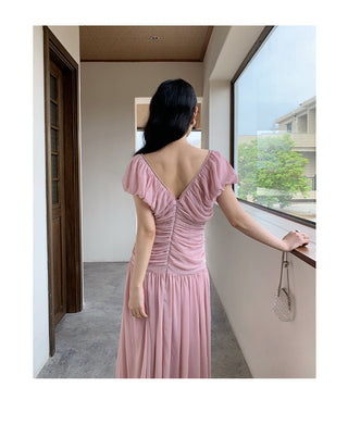 French V-neck pleated dress