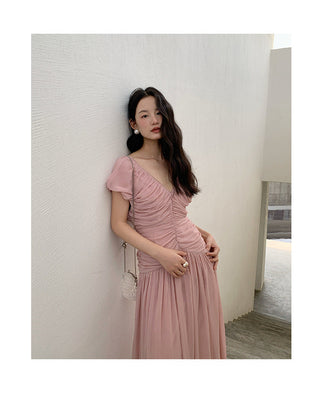 French V-neck pleated dress