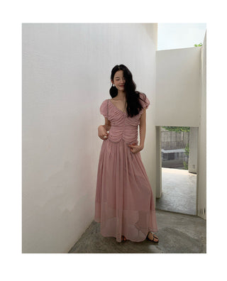 French V-neck pleated dress