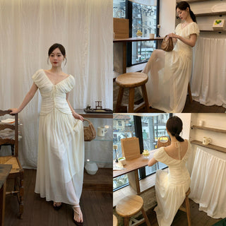 French V-neck pleated dress