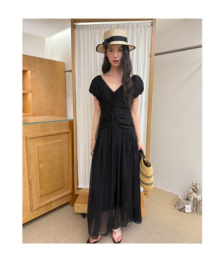 French V-neck pleated dress