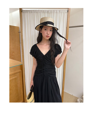 French V-neck pleated dress