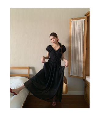 French V-neck pleated dress