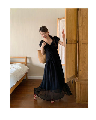 French V-neck pleated dress