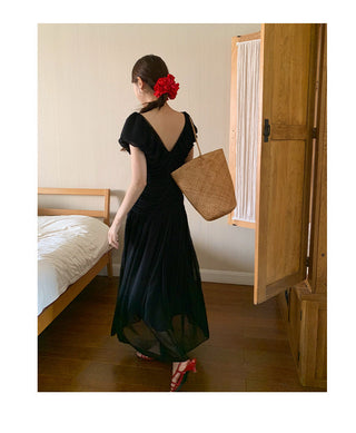 French V-neck pleated dress