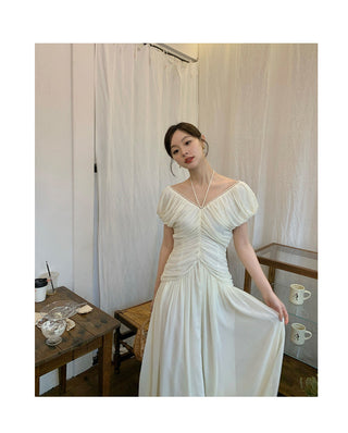 French V-neck pleated dress