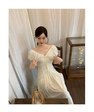 French V-neck pleated dress